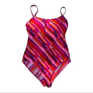 Girls one piece swim suit diagonal stripe pinks, purples, orange.girls size XL